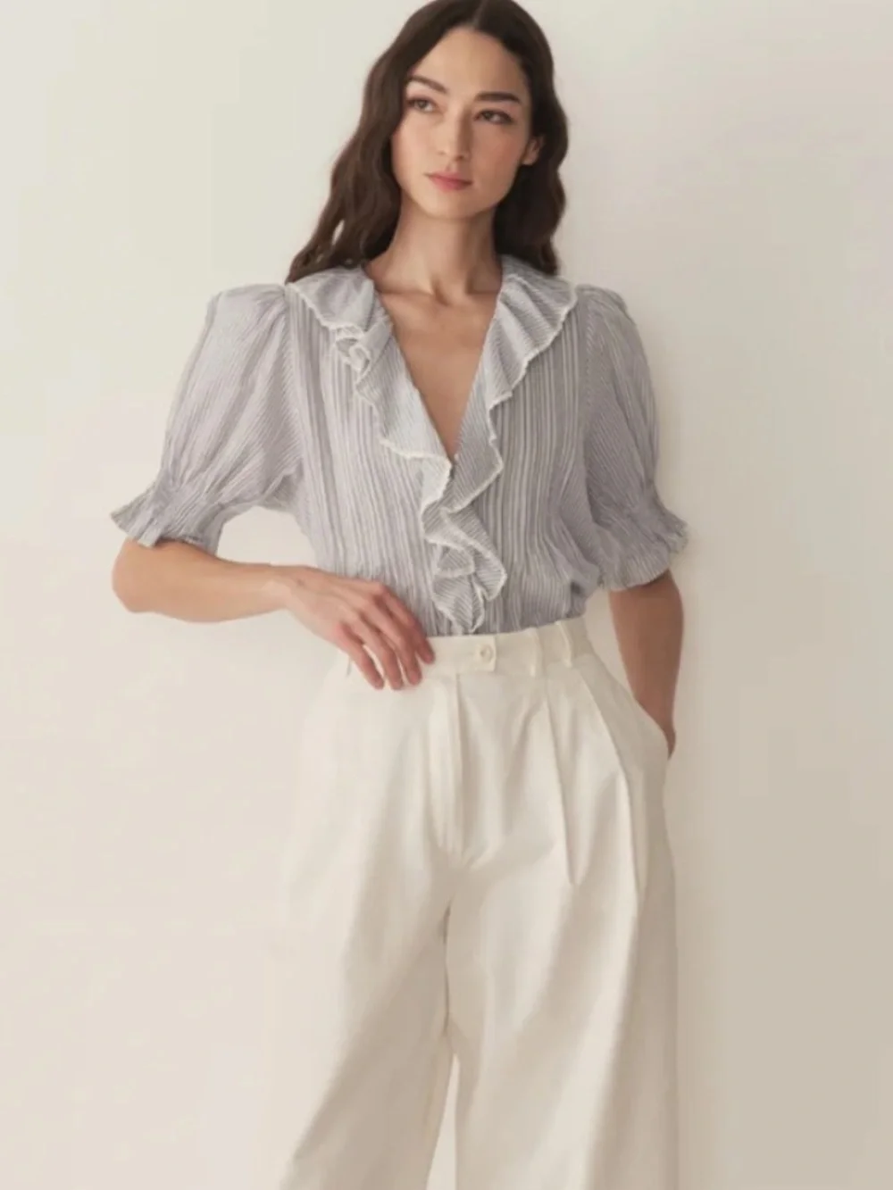 Doen Henri Cotton Ruffle Trim Pintuck Short Puff Sleeve Top Adelaide Stripe Blue